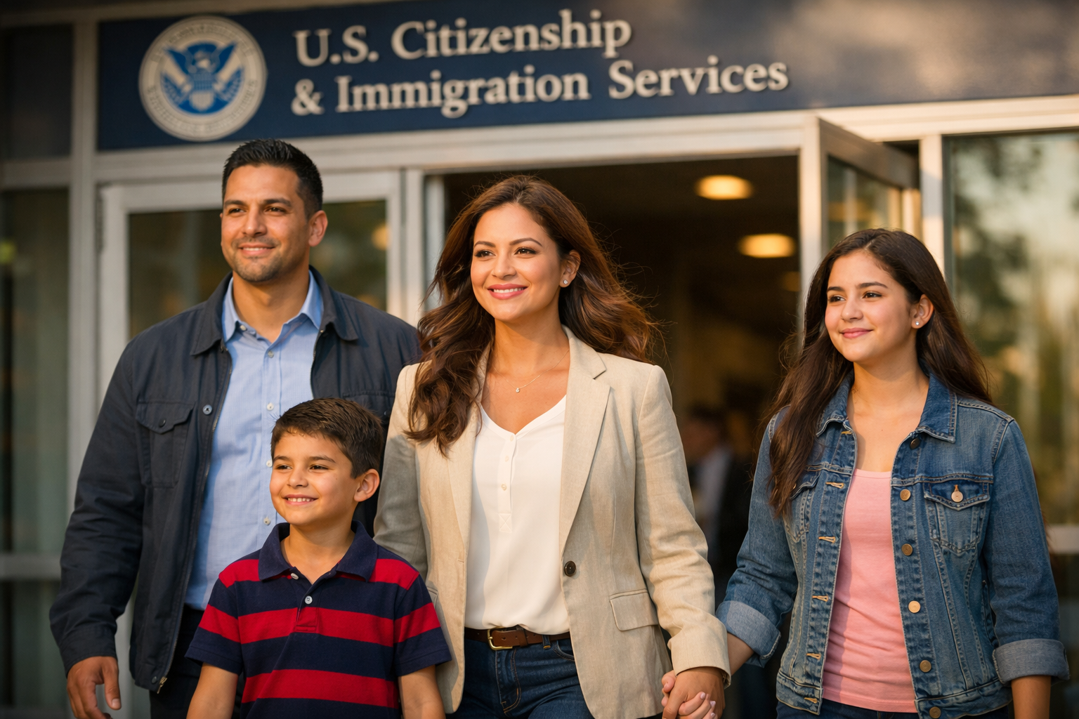 Illustration of a family leaving a USCIS office after an immigration appointment