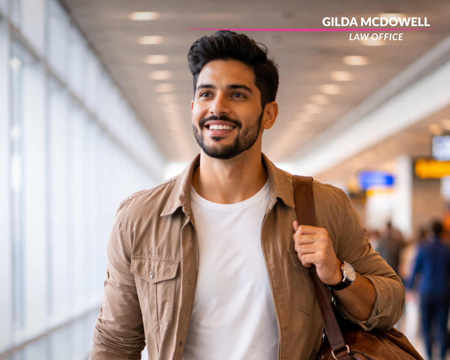 A traveler standing calmly with luggage at an airport