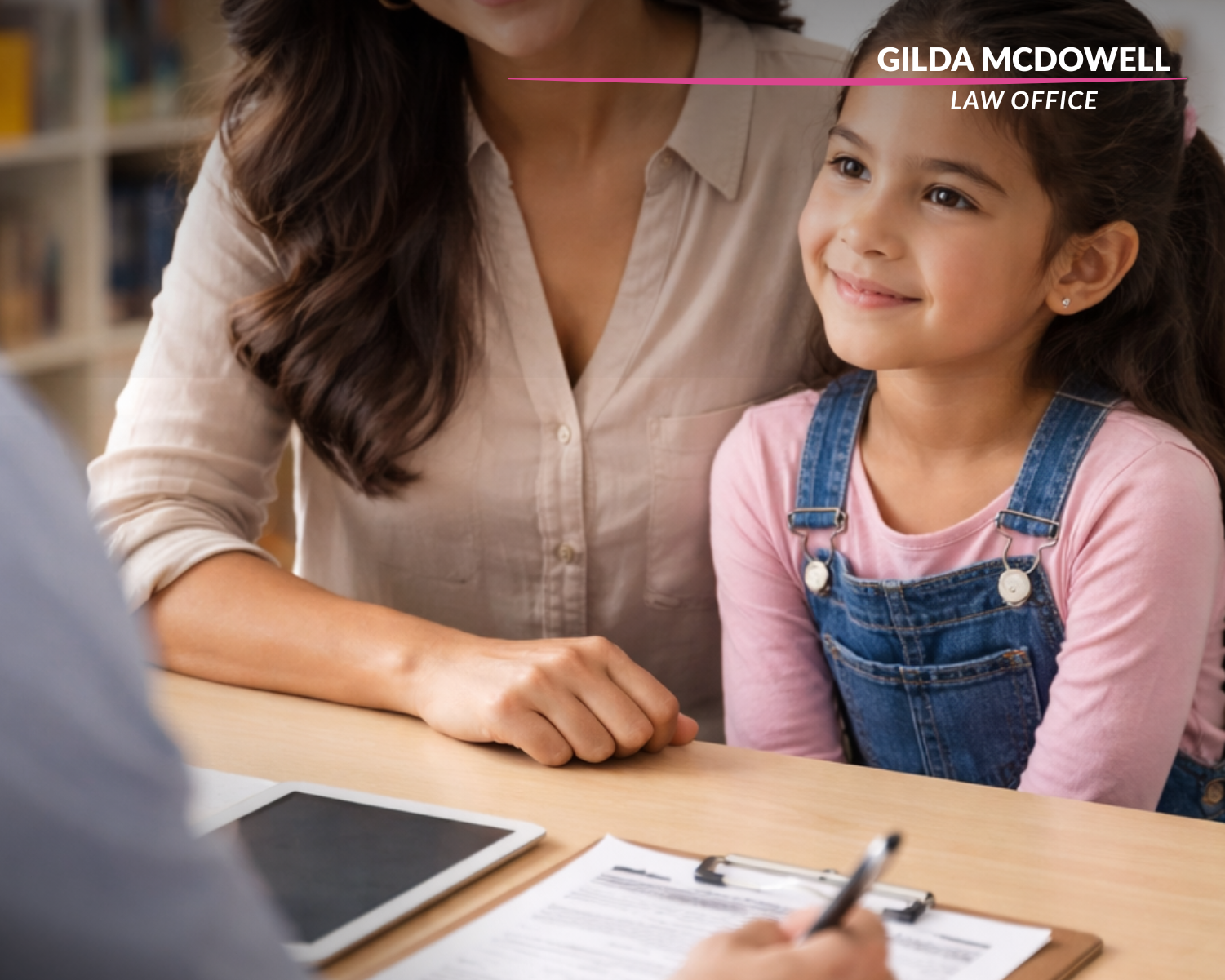 Mother and child meeting with a professional at a school conference