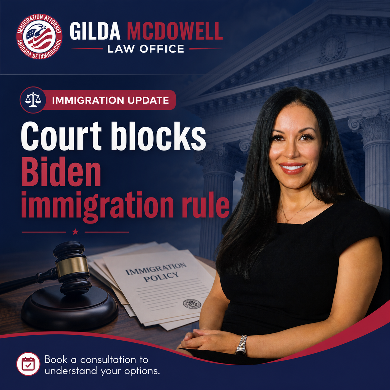 Immigration update graphic about a court blocking a Biden immigration rule