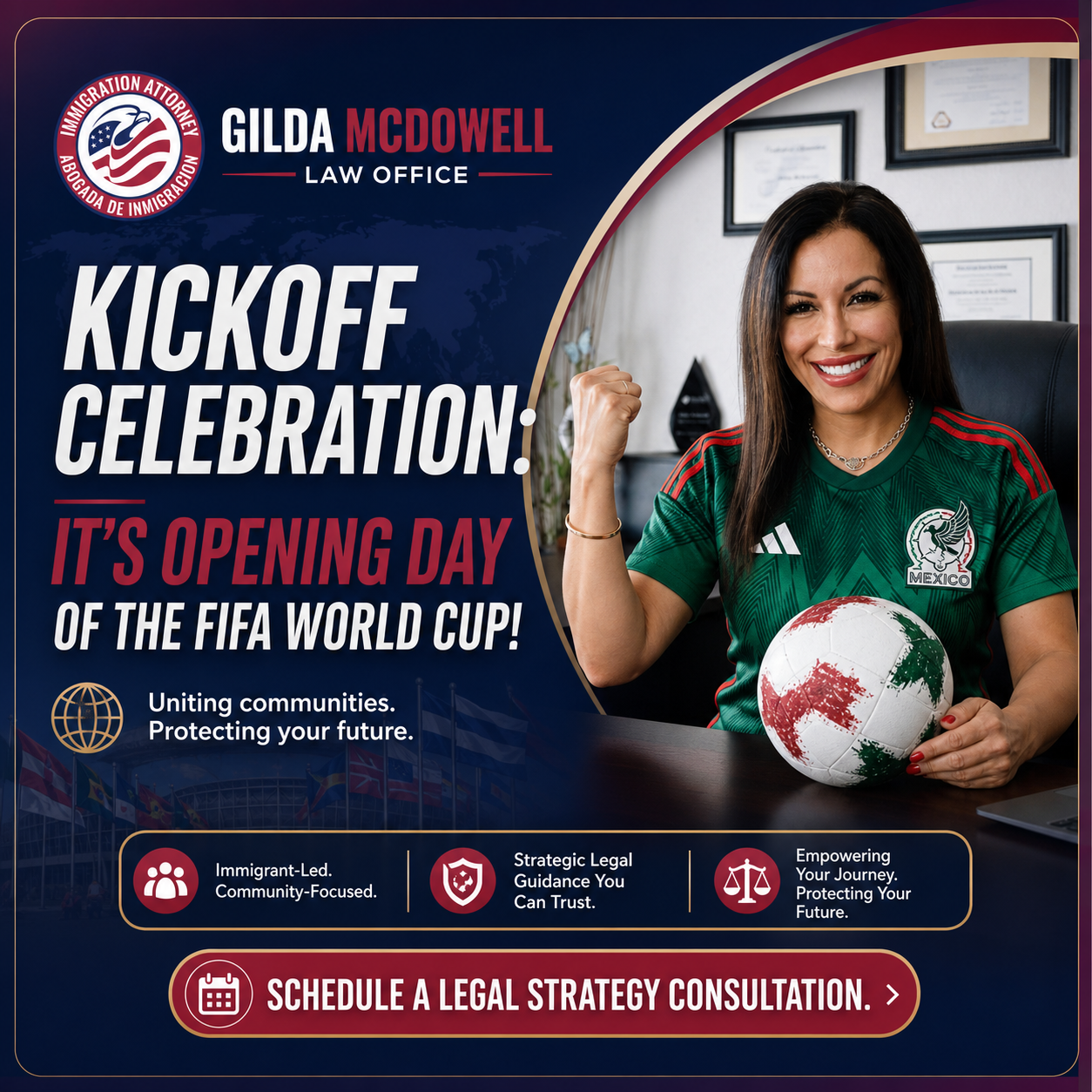 Gilda McDowell holding a soccer ball for a FIFA World Cup kickoff celebration